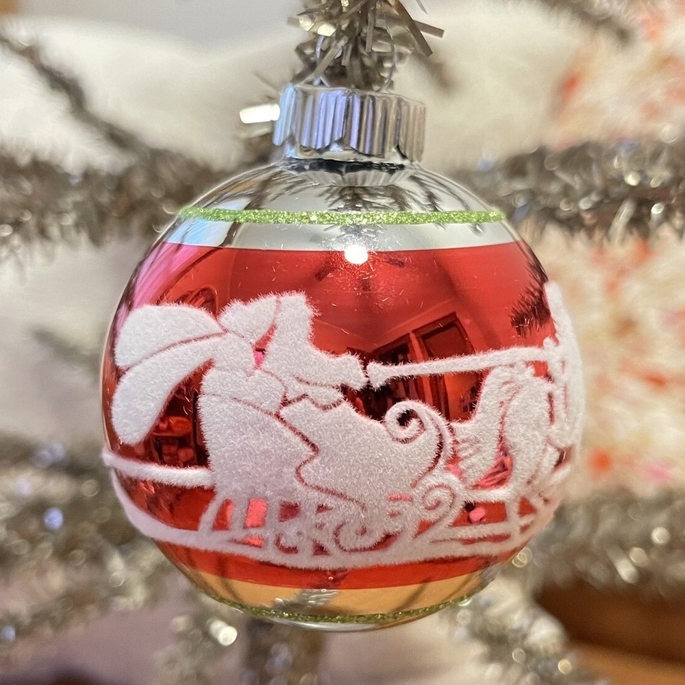 3"‎ Radko Shiny Brite Stenciled Flocked Ornament Santa Sleigh Ride Red Green Mcm